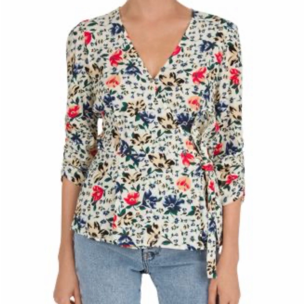 ba&sh Cream Floral Wrap Blouse with Red & Navy Flowers